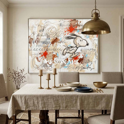 Original Pop Art Oil Painting Achilles Snoopy Framed Canvas Bedroom