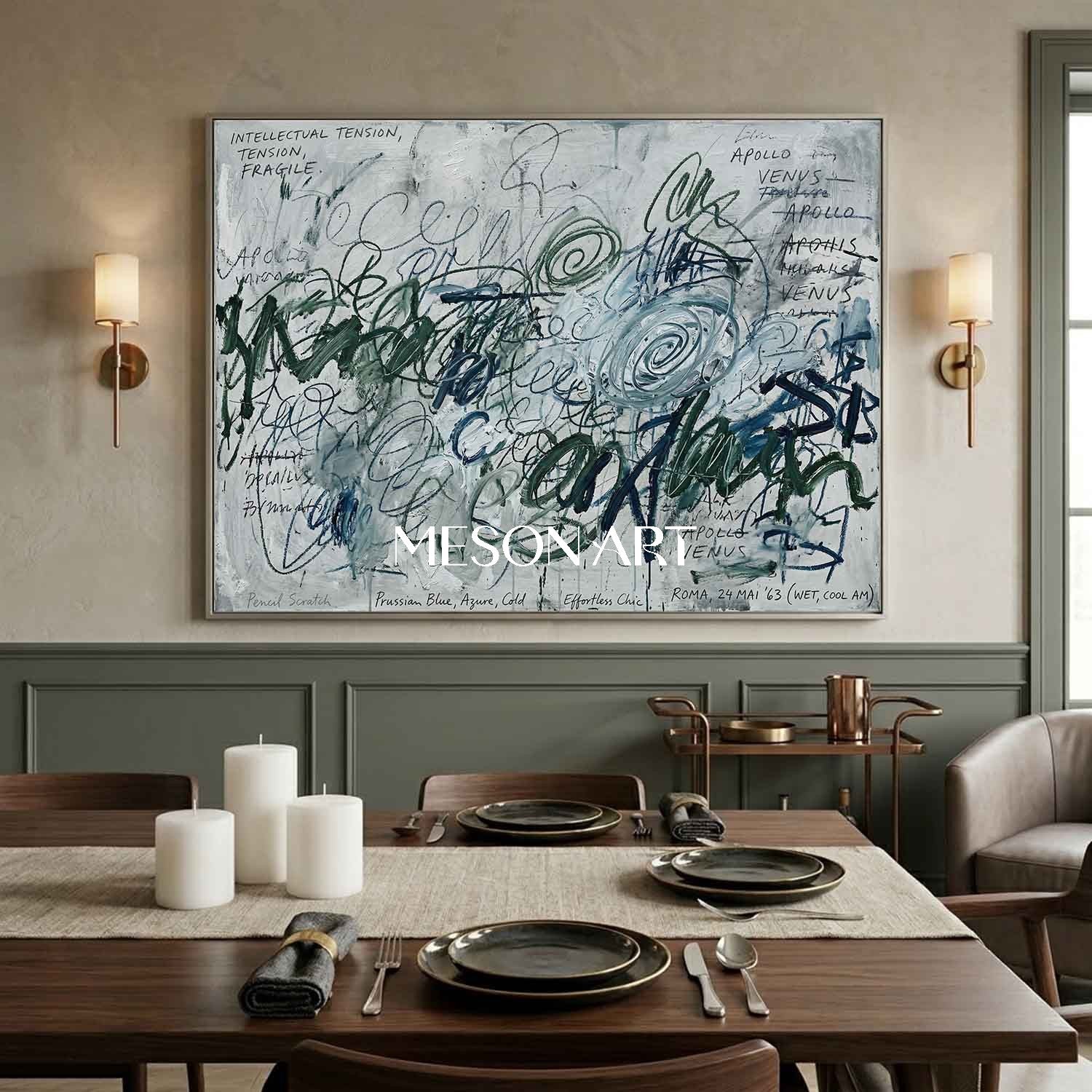 Original Prussian Blue Abstract Painting Large Scribble Art Statement