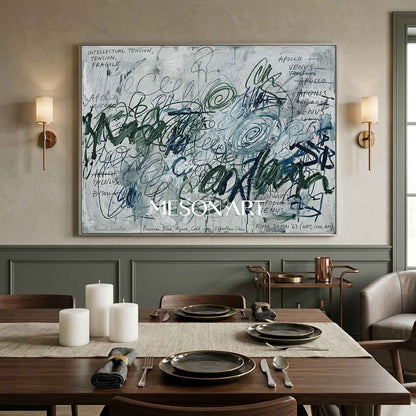 Original Prussian Blue Abstract Painting Large Scribble Art Statement