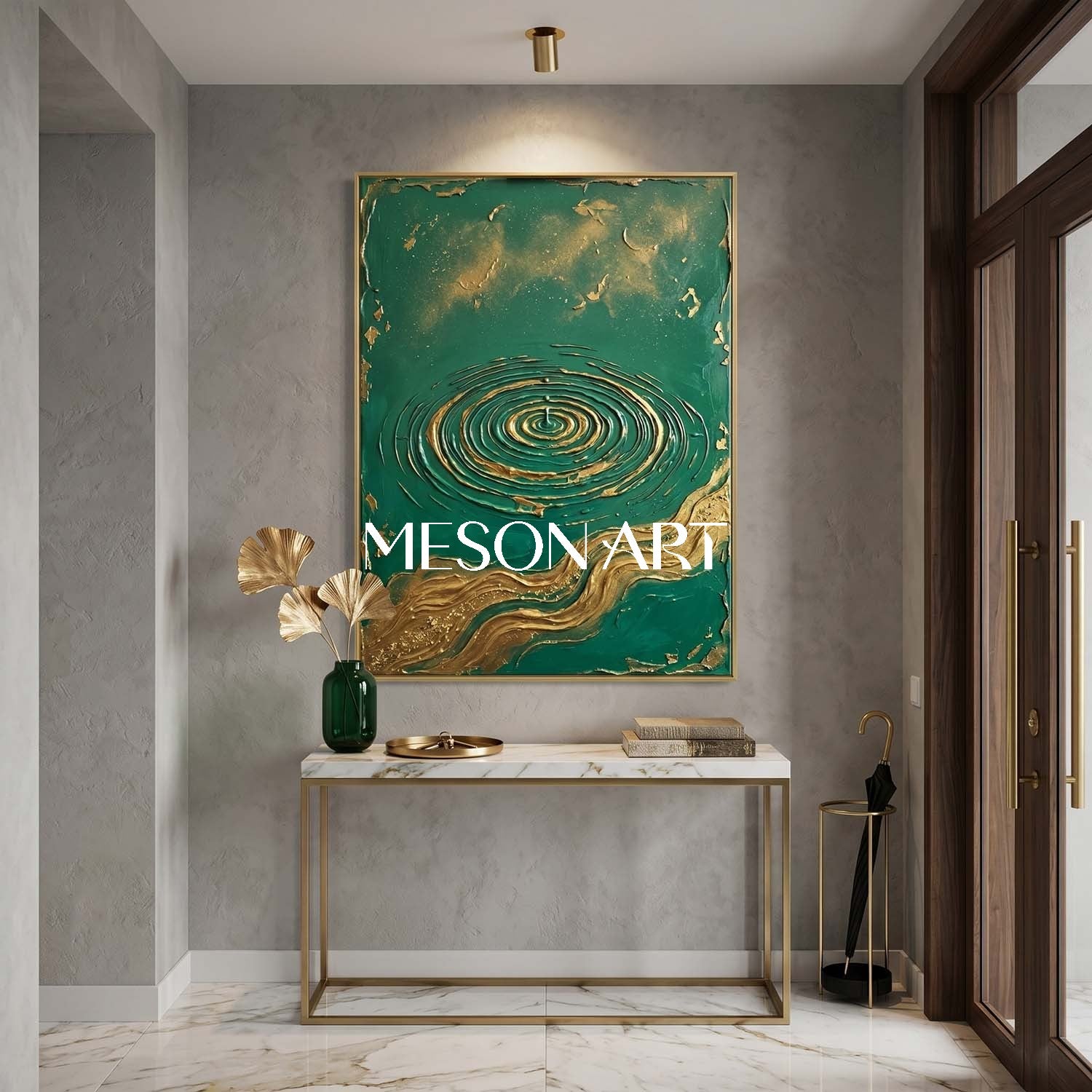 Luxury Emerald Green And Gold Art Deco Painting With Textured Relief For Modern Living Room Decor