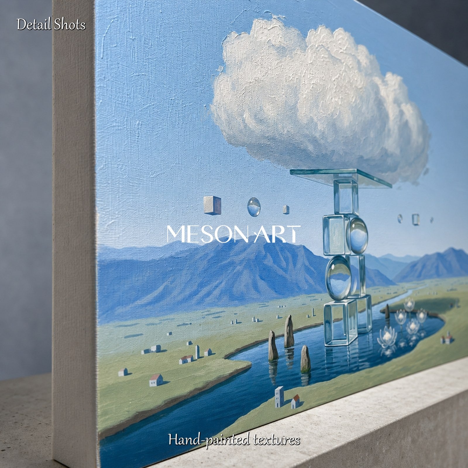 Surrealist Glass Structure Landscape Painting With Soft Brushwork For Living Room And Office Decor