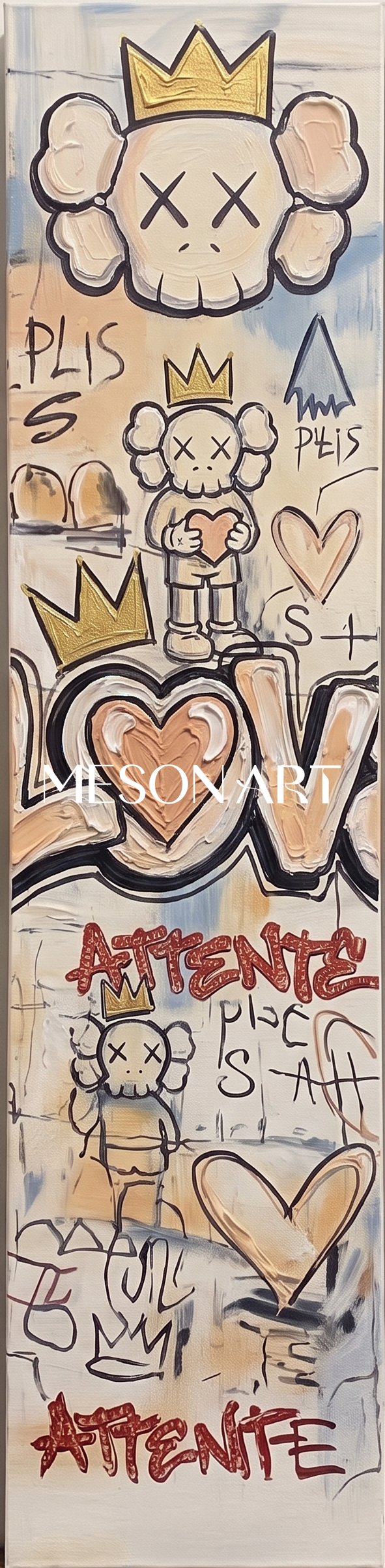 Original Graffiti Triptych With Kaws Inspired Icons For Modern Living Room Decor