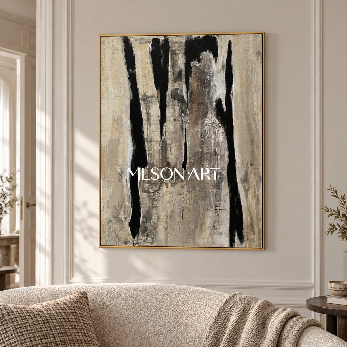 Black And Beige Abstract Painting Original Artist Rectangular Wall Art For Living Room By Mesonart