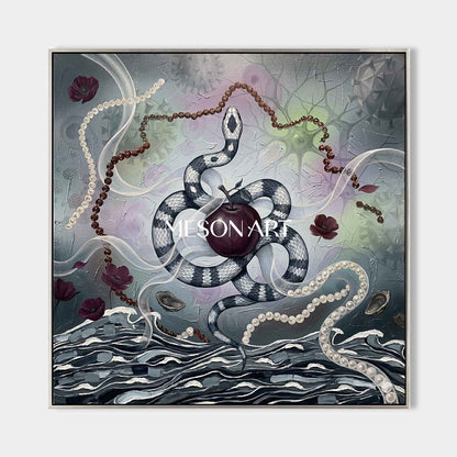 Original Surrealist Snake Oil Painting Apple Framed Wall Art Bathroom