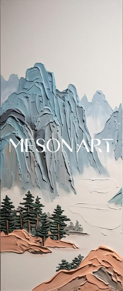 青と茶色のパステル調風景画　長方形のウォールアート　Mesonartによるアーティスト直筆のオリジナル作品