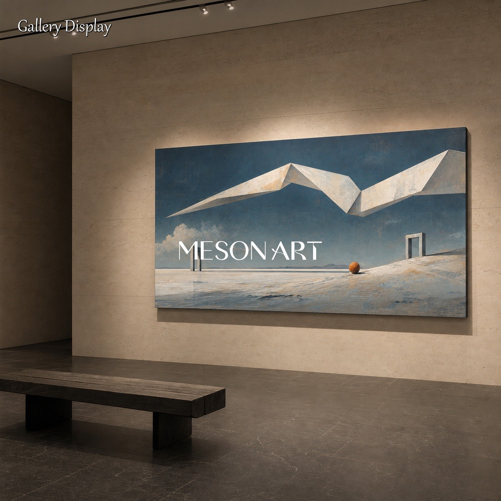 Surrealist Geometric Art Painting For Modern Living Room With Soft Blue Beige Tones