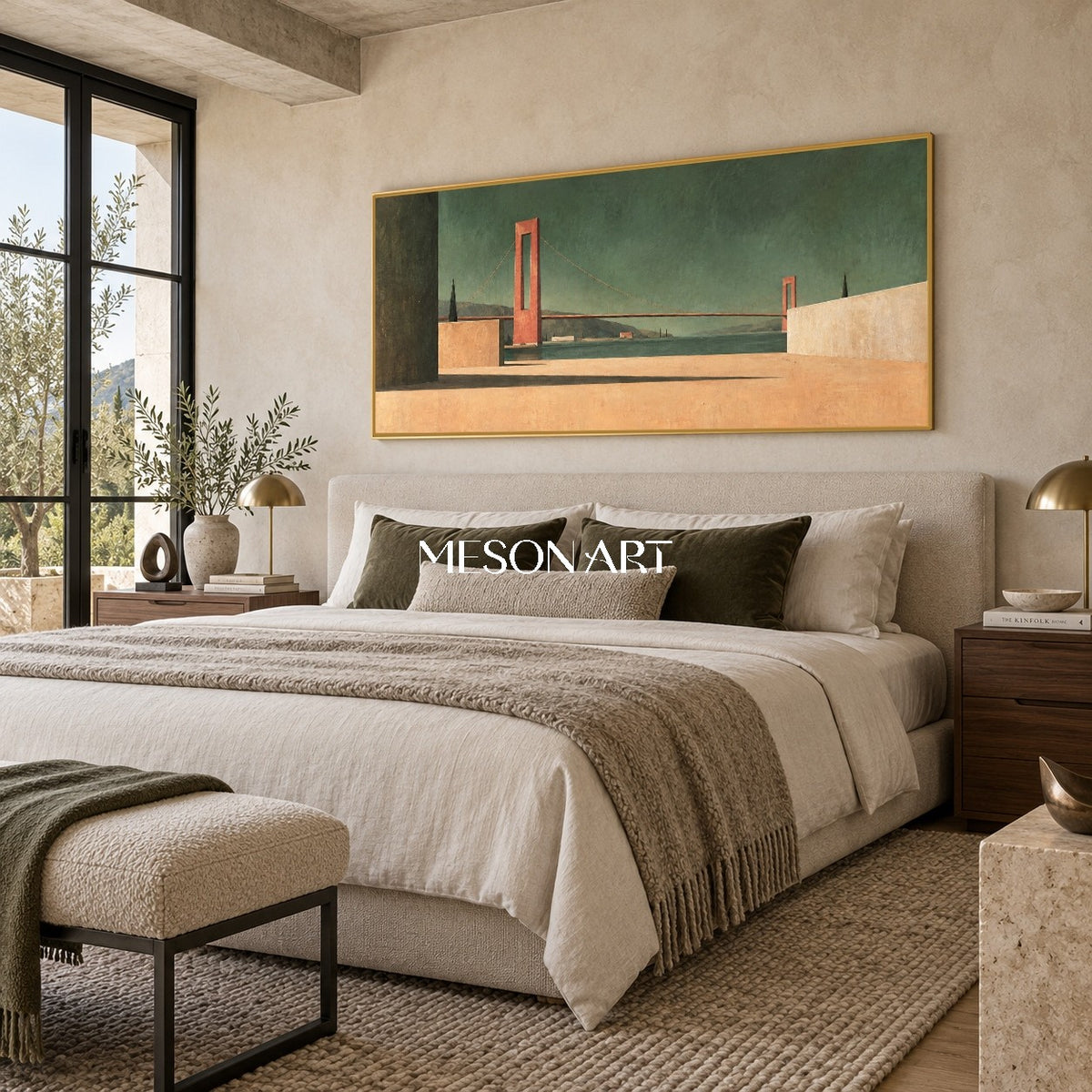 Green And Brown Surrealist Architectural Painting Minimal Geometric Bridge Horizon Panoramic Wall Art For Living Room By Mesonart