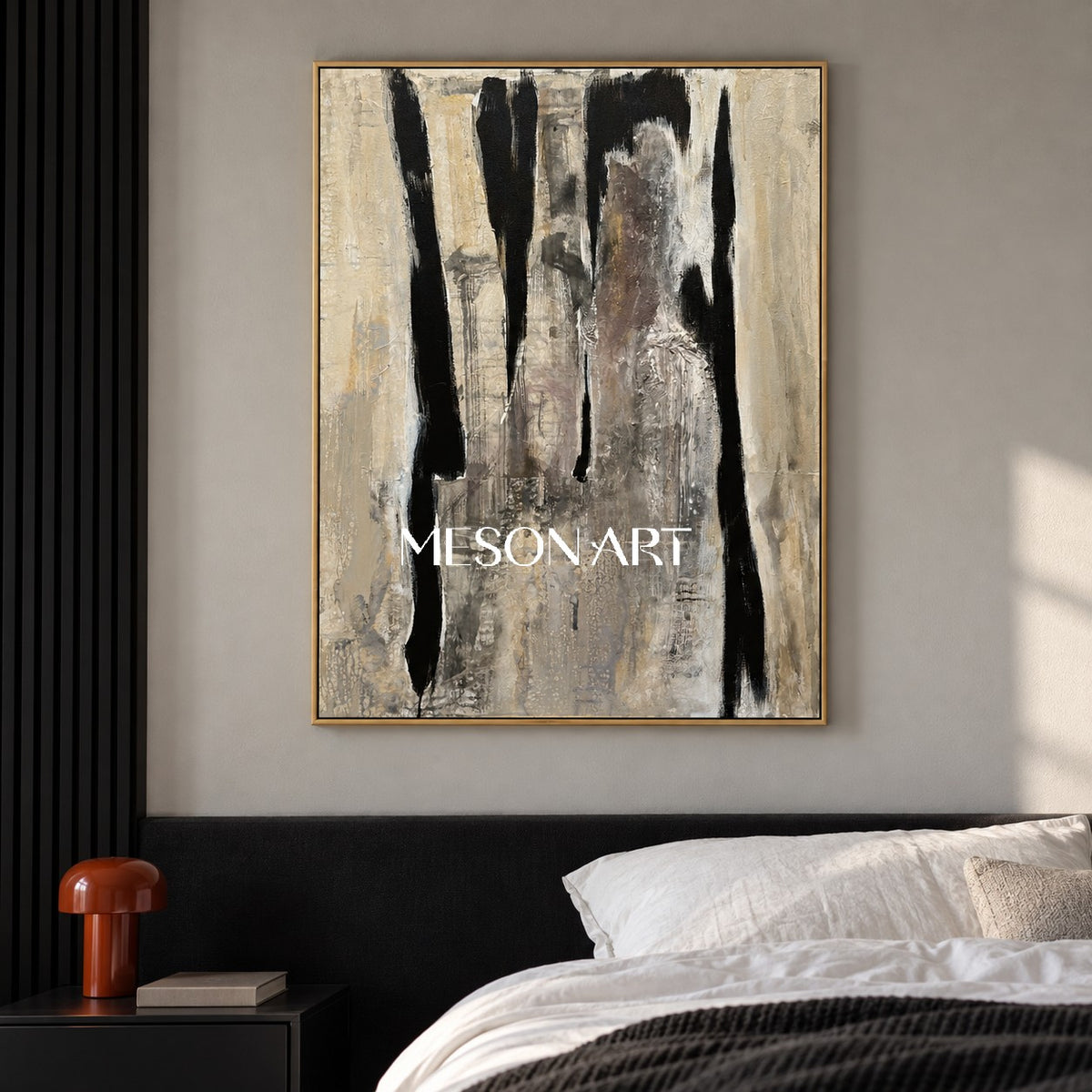 Black And Beige Abstract Painting Original Artist Rectangular Wall Art For Living Room By Mesonart