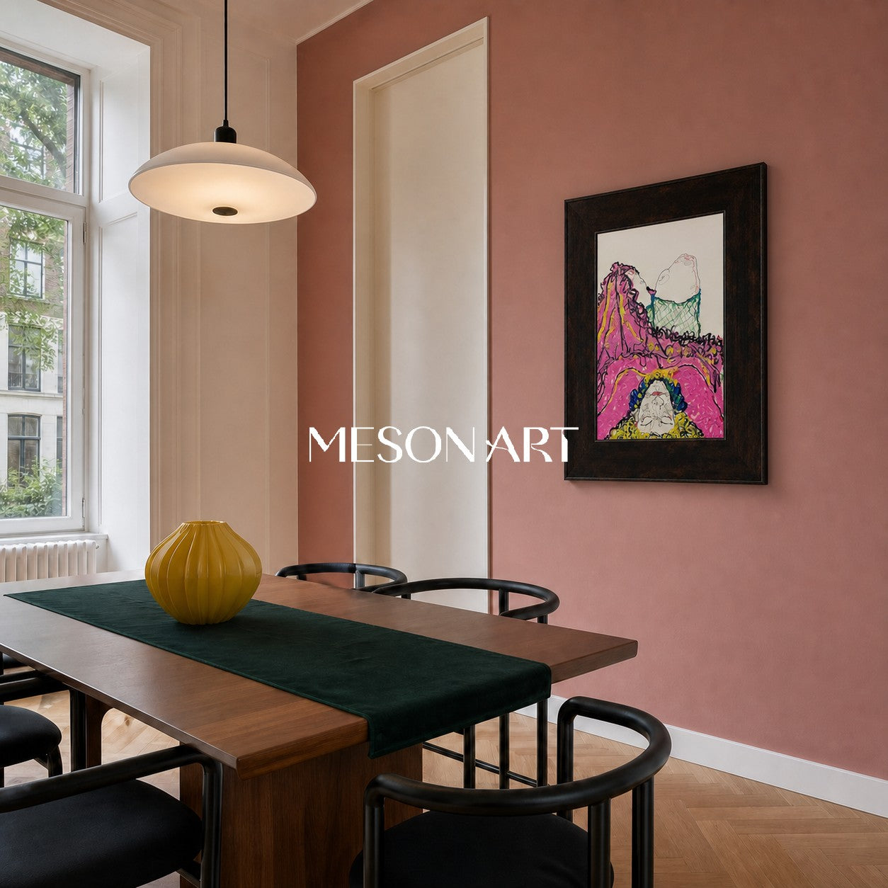 Modern Abstract Expressionist Painting With Pink And Yellow Figures For Living Room Decor