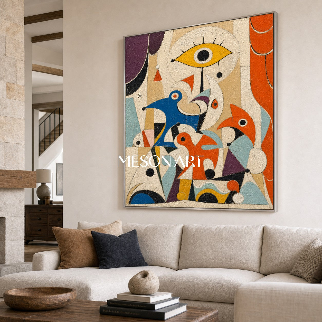 Surrealist Abstract Art Painting With Birds And Eye For Creative Kids Room Decor