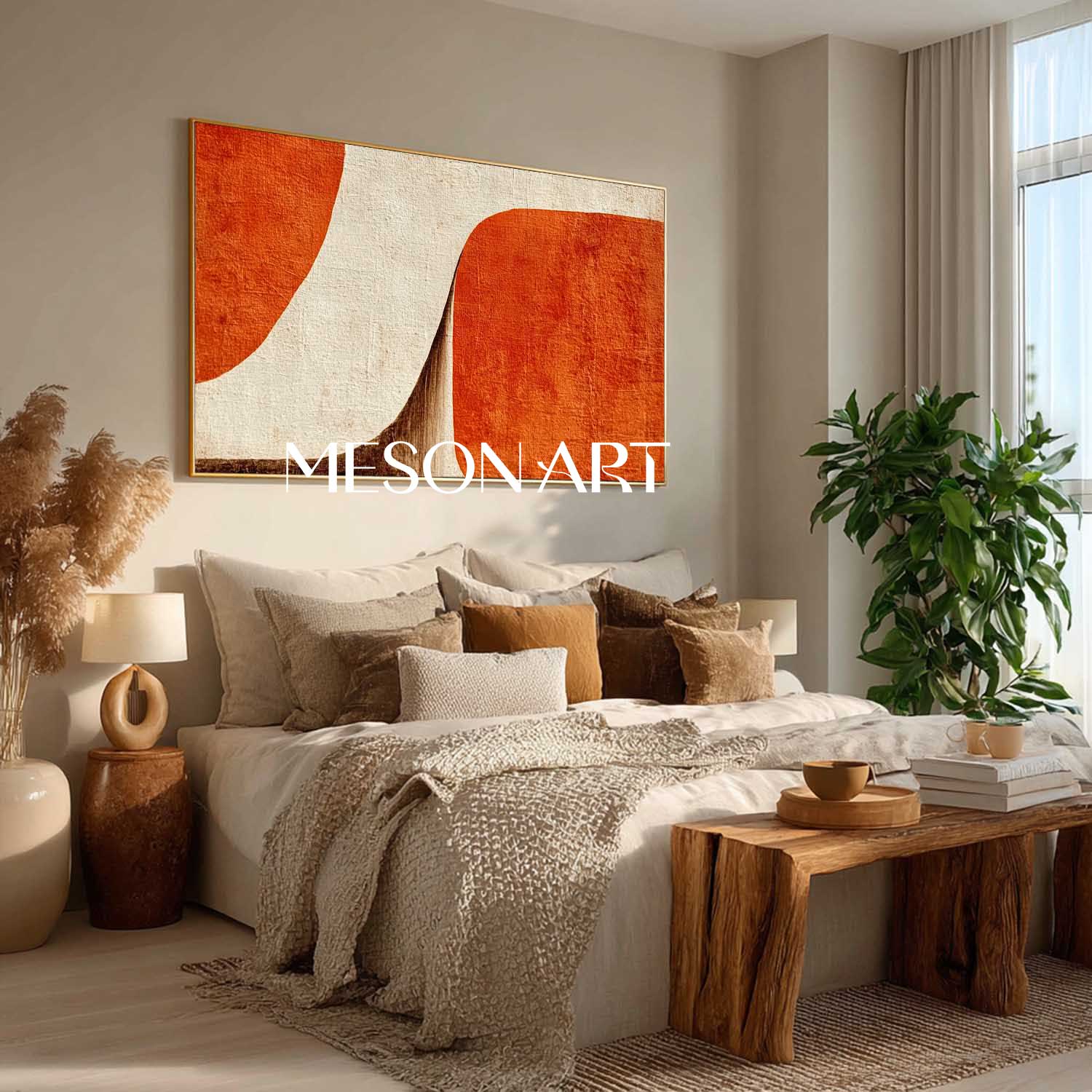 Minimalist Abstract Wall Art Orange and Beige Geometric Canvas Decor