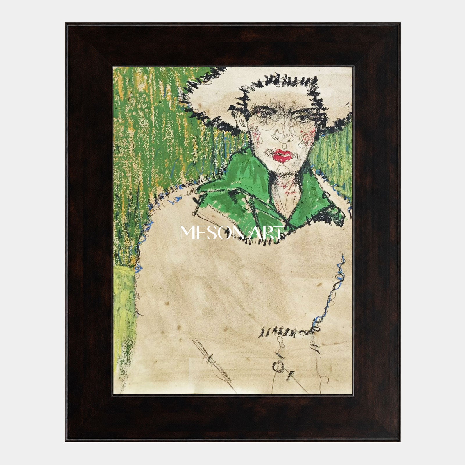 Abstract Modern Portrait With Green Accents Original Oil Painting On Linen Canvas For Living Room Decor