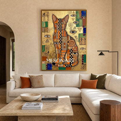 Luxury Golden Egyptian Cat Painting With Geometric Mosaic And Symbolic Eyes For Living Room Decor