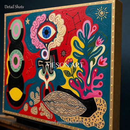 Surrealist Abstract Painting With Cosmic Symbols In Red And Blue For Modern Living Room Decor