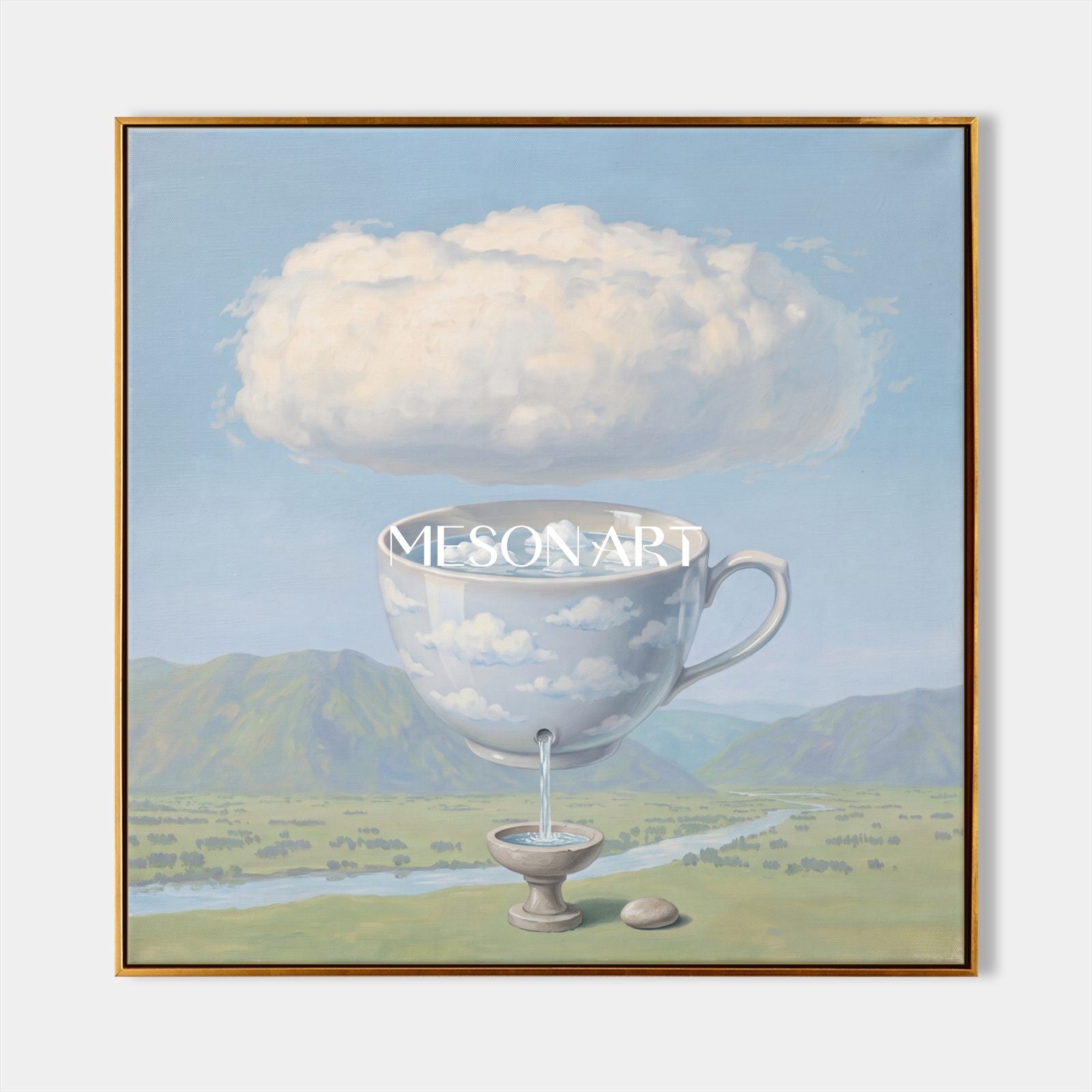 Surrealist Landscape Painting With Giant Cup Pouring Clouds For Modern Home Decor