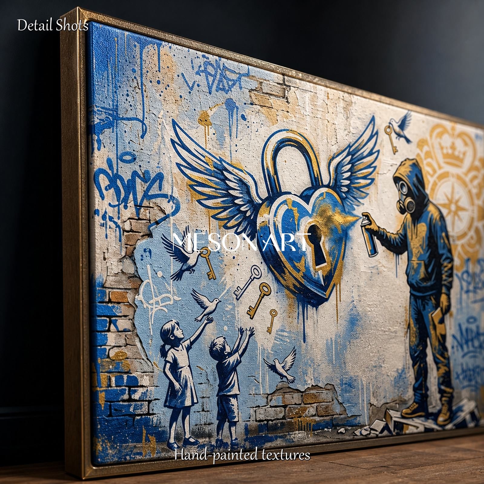Blue And Gold Graffiti Heart Original Artist Hand Painted Rectangular Wall Art For Living Room By Mesonart