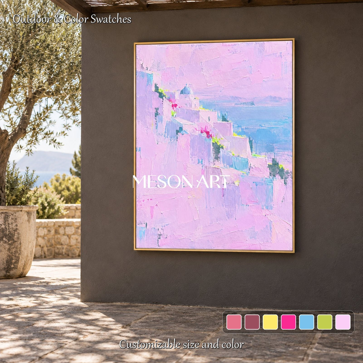 لوحة جدارية فاخرة مستطيلة الشكل من Mesonart، مصممة بألوان الفن التجريدي الوردي والأزرق باستخدام سكين الألوان، بأسلوب فني حديث