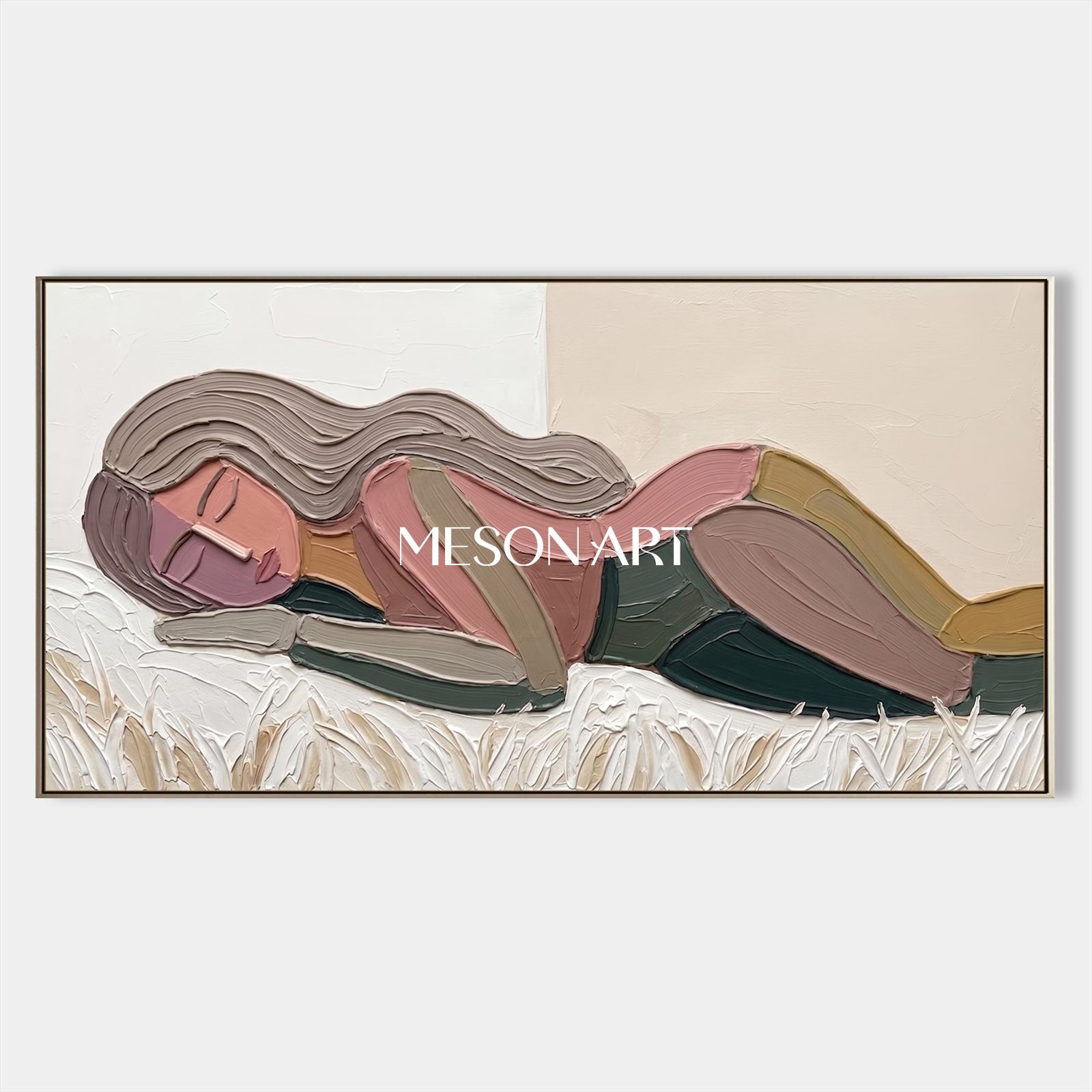 Beige And Pink Abstract Figurative Portrait Painting Panoramic Original Artist Hand Painted By Mesonart