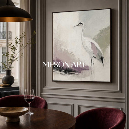 Minimalist Crane Oil Painting On Linen Canvas With Textured Brushwork For Living Room And Bedroom Decor