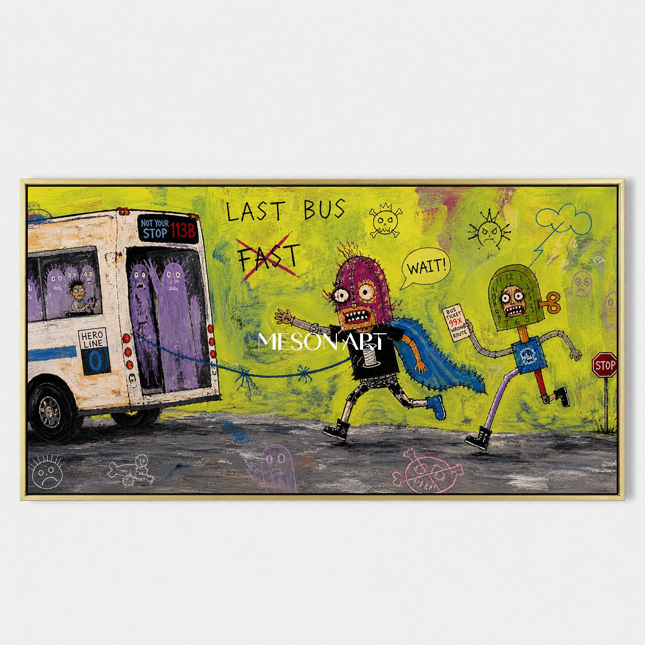 Green And Purple Graffiti Narrative Cartoon Bus Urban Textured Panoramic Wall Art Original Artist By Mesonart