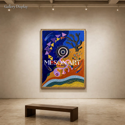 Vibrant Abstract Painting With Geometric Shapes And Blue Gold Tones For Contemporary Home Decor