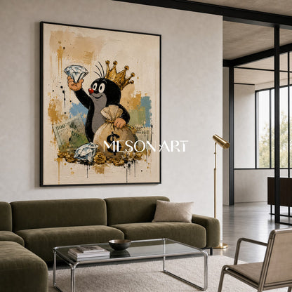 Crowned Mole Pop Art Painting With Gold Coins And Diamonds For Modern Living Room Decor