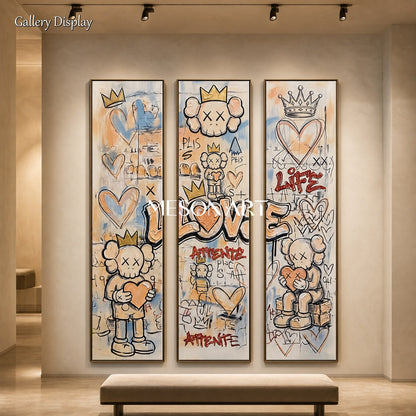 Original Graffiti Triptych With Kaws Inspired Icons For Modern Living Room Decor