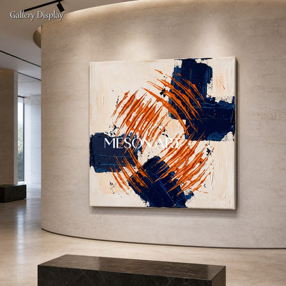 Blue And Orange Abstract Pollock Inspired Square Painting By Artist Wall Art For Living Room By Mesonart