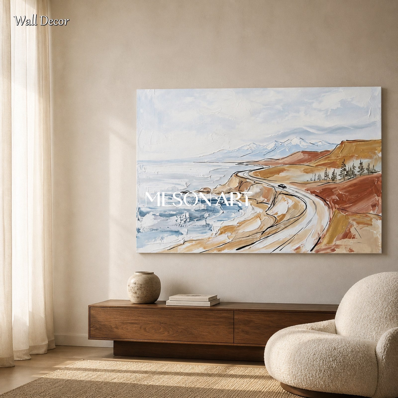 Blue And Brown Mountain Landscape Painting Modern Textured Art Rectangular Wall Decor For Living Room By Mesonart