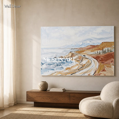 Blue And Brown Mountain Landscape Painting Modern Textured Art Rectangular Wall Decor For Living Room By Mesonart
