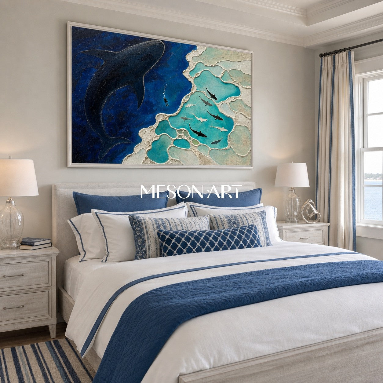 Original Whale Silhouette Ocean Art With Textured Reef For Living Room Decor