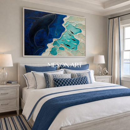 Original Whale Silhouette Ocean Art With Textured Reef For Living Room Decor