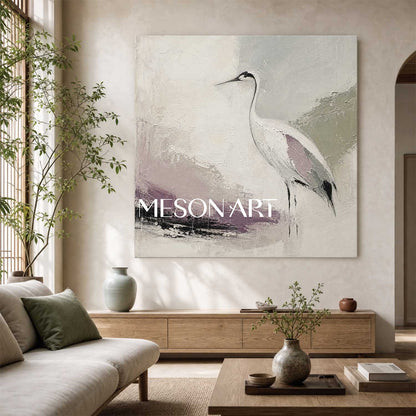 Minimalist Crane Oil Painting On Linen Canvas With Textured Brushwork For Living Room And Bedroom Decor