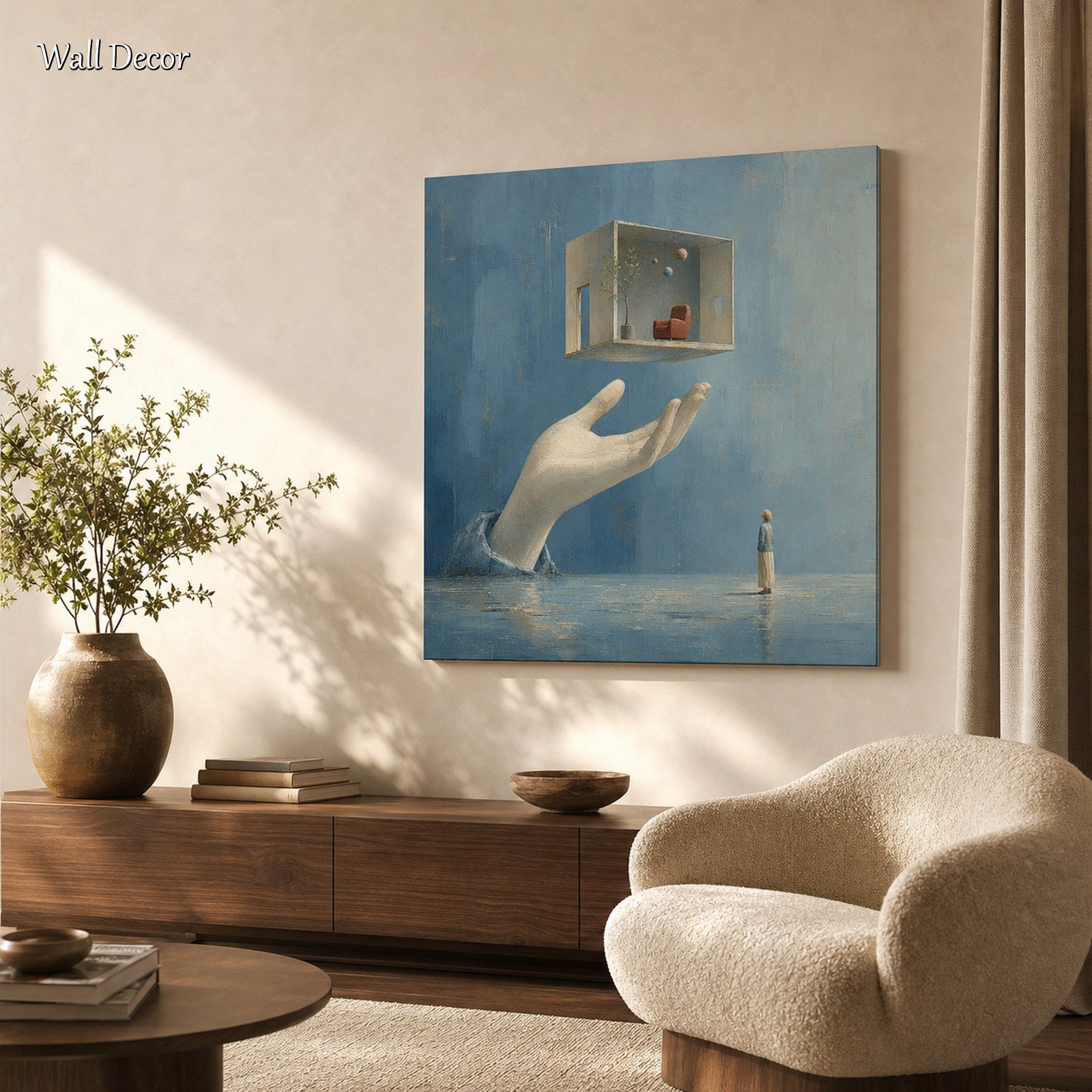 Surrealist Abstract Painting With Giant Hand And Floating Room In Blue Beige Tones