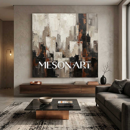Abstract City Skyline Plaster Art With Thick Textured Relief For Industrial Loft Living Room