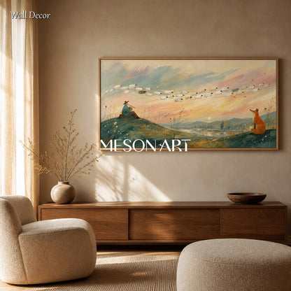 Green And Orange Surreal Painting With Shepherd Sheep Fox Rectangular Wall Art For Living Room Original Artist By Mesonart