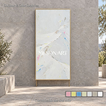 لوحة تجريدية باللونين الأبيض والرمادي: منظر طبيعي عصري عضوي، فن الرسم بسكين الألوان من Mesonart
