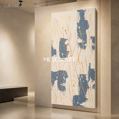 Beige And Blue Abstract Painting Inspired By Jackson Pollock Style Action Art Panoramic Wall Decor For Living Room By Mesonart