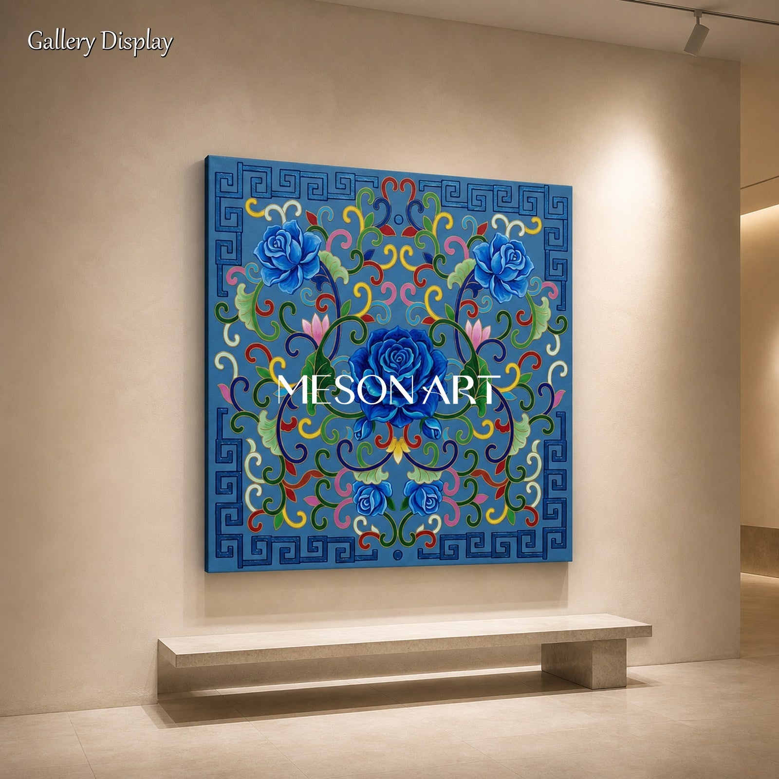 Blue And Gold Persian Floral Geometric Wall Art Square Original Artist Hand Painted By Mesonart