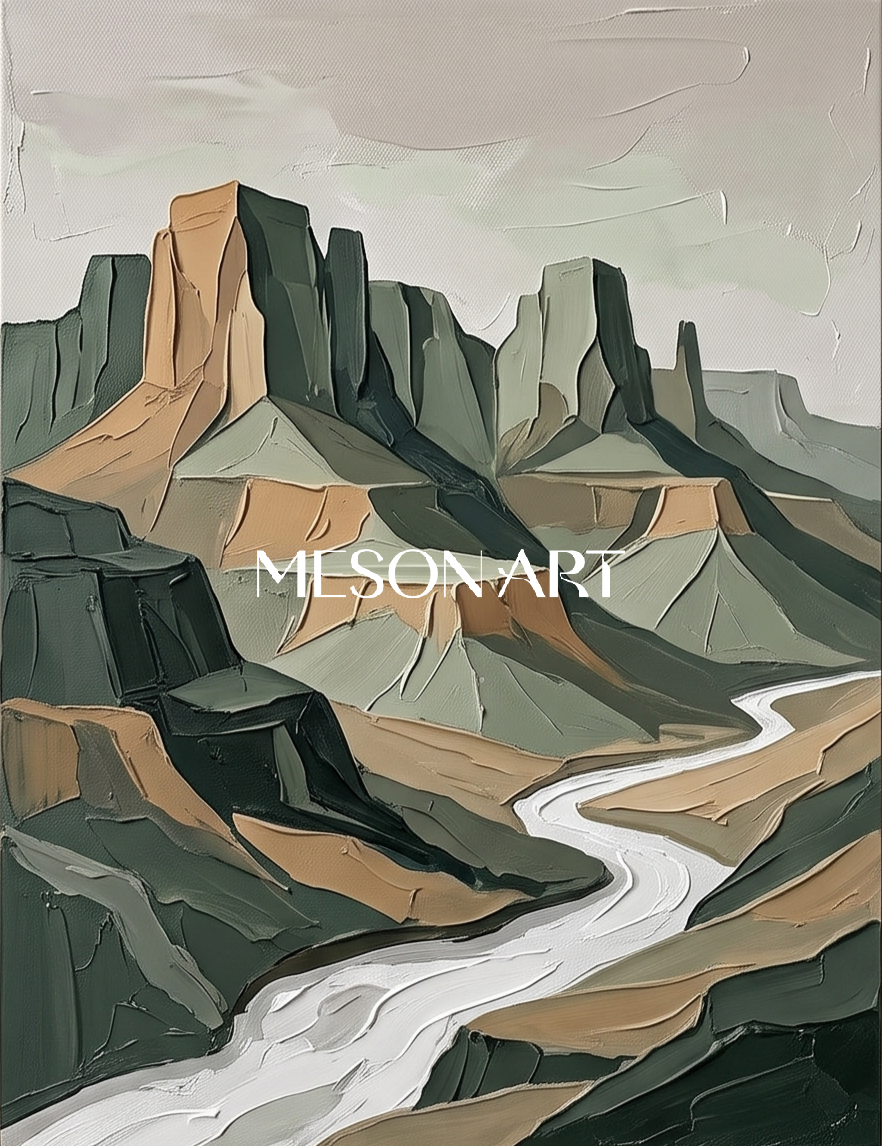 Green And Brown Modern Landscape Painting Rectangular Wall Art Contemporary Luxury Artwork By Mesonart
