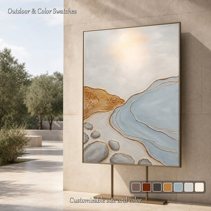 Abstract Blue And Gold Painting With Fluid Motion For Quiet Luxury Living Room Decor