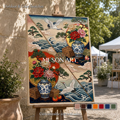 Luxury Chinoiserie Crane And Peony Wall Art With Gold Frame For Living Room Entryway Decor