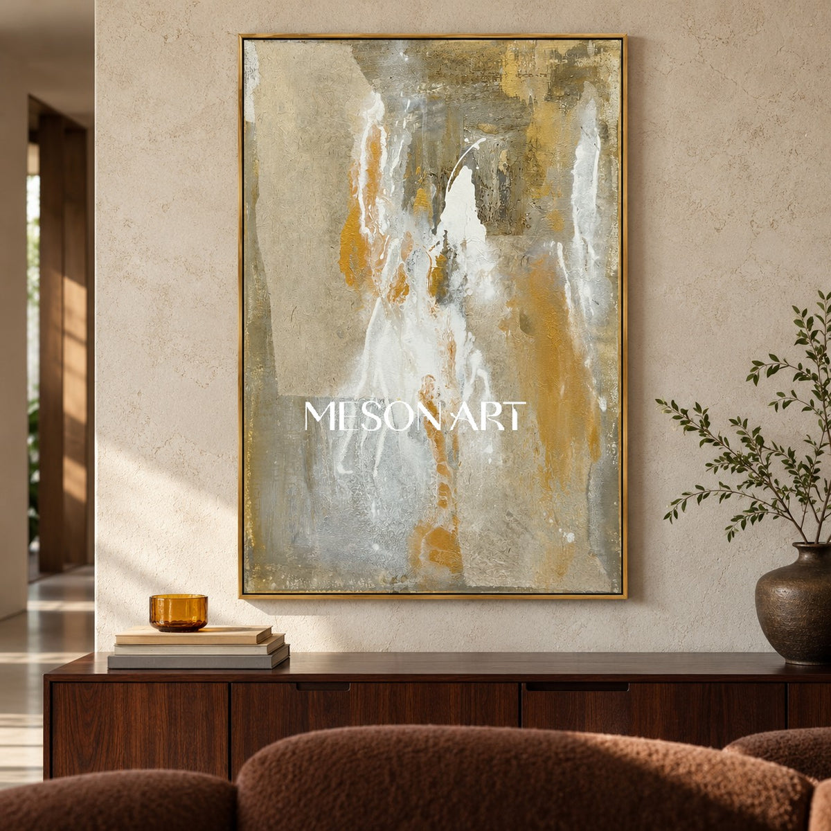 Beige And Gold Abstract Art Original Artist Hand Painted Mixed Media Textured Painting Rectangular Wall Art For Living Room By Mesonart