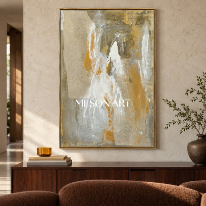 Beige And Gold Abstract Art Original Artist Hand Painted Mixed Media Textured Painting Rectangular Wall Art For Living Room By Mesonart