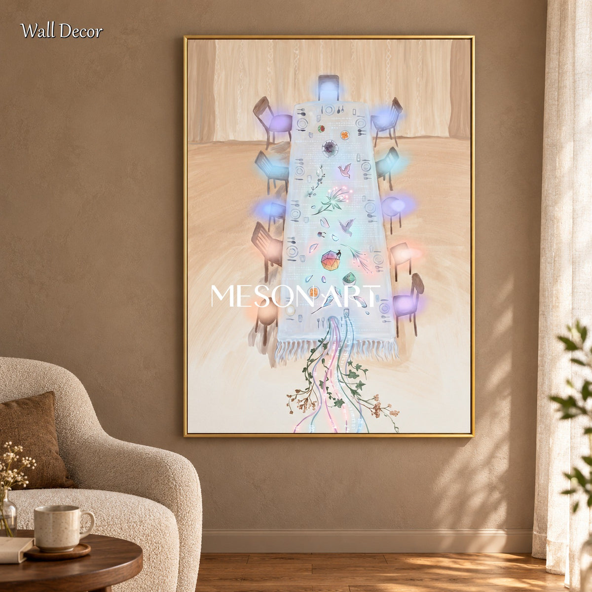 Beige And White Cyberpunk Long Table Painting Rectangular Wall Art For Dining Room Original Artwork By Mesonart