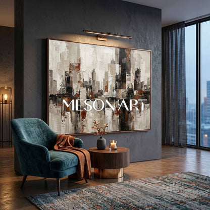 Abstract City Painting With Plaster Texture For Modern Living Room And Office Decor