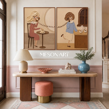 Quadro vintage in stile Pop Art da appendere alla parete della camera da letto, con figure in rilievo nei toni del beige e del rosa