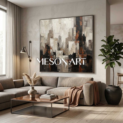 Abstract City Skyline Plaster Art With Thick Textured Relief For Industrial Loft Living Room