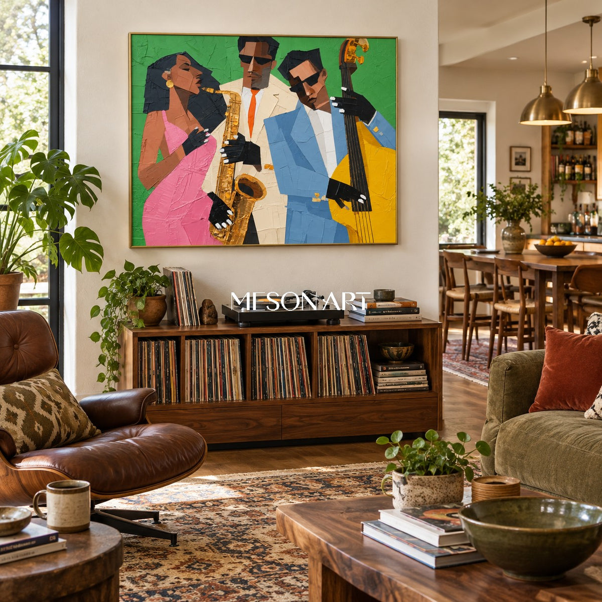 Green And Pink Pop Art Jazz Painting Modern Figurative Geometric Textured Musical Rectangular Wall Art By Mesonart