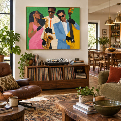 Green And Pink Pop Art Jazz Painting Modern Figurative Geometric Textured Musical Rectangular Wall Art By Mesonart